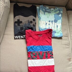 Set of 3 M (10/12) Levi's Red Tee, Fortnite blue tee, & one nation black tee.